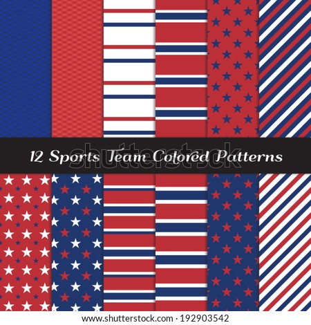 Red, White and Blue Sports Team Colored Seamless Patterns. Sports Backgrounds in Stripes, Stars and Jersey Texture Patterns. Pattern Swatches with Global Colors.