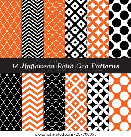 Halloween Orange, Black and White Retro Geometric Patterns. Mod Backgrounds in Jumbo Polka Dot, Diamond Lattice, Scallops, Quatrefoil and Chevron. Pattern Swatches included and made with Global Colors