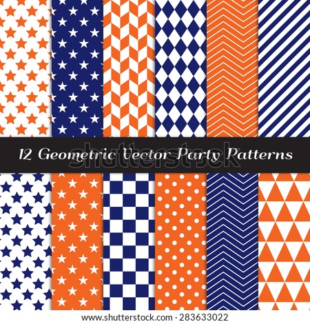 Navy Blue, Orange and White Geometric Party Patterns. Diamond, Chevron, Polka Dot, Checks, Stars, Triangles, Herringbone & Stripes Backgrounds. Vector EPS File Pattern Swatches made with Global Colors