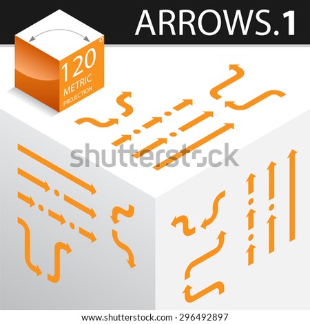 Isometric Arrows V1 - Infographic Layout Elements, Web Icons, UI Design. Flat Linear Arrows Drawn in Isometric Projection on Top, Left and Right Side of the Cube.  Solid, Dotted and Dashed Arrow Lines