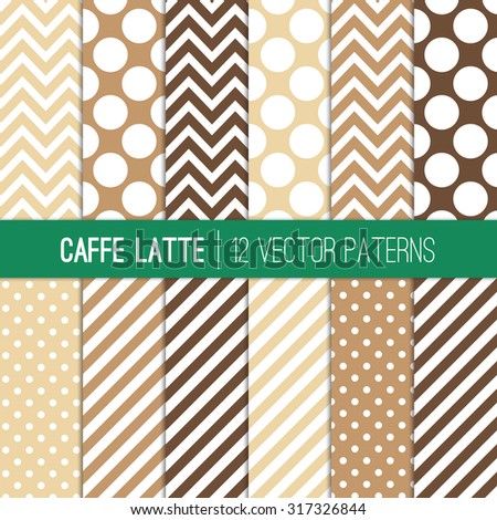 Caffe Latte Polka Dots, Chevron and Stripes Patterns in Coffee Brown, Moka Brown, Cream and White Colors. Modern Geometric Backgrounds. Vector EPS File Pattern Swatches made with Global Colors.