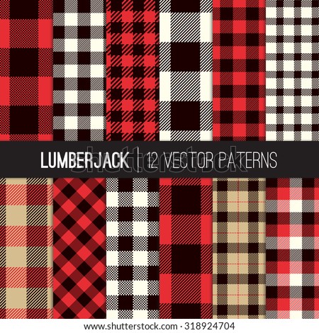Lumberjack Plaid and Buffalo Check Patterns. Red, Black, White and Khaki Plaid, Tartan and Gingham Patterns. Trendy Hipster Style Backgrounds. Vector EPS File Pattern Swatches made with Global Colors.