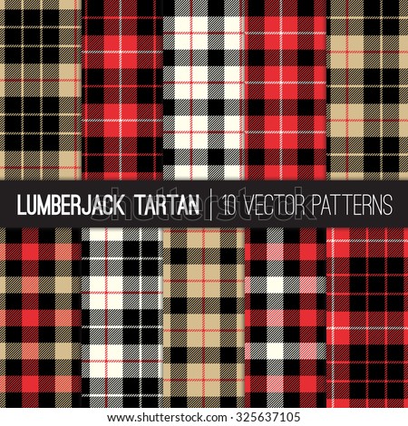 Lumberjack Tartan and Buffalo Check Plaid Patterns in Red, Black, White and Khaki. Trendy Hipster Style Backgrounds. Vector EPS File Pattern Swatches made with Global Colors.