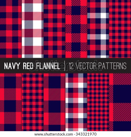 Lumberjack Flannel Plaid Vector Patterns in Navy Blue and Red Buffalo Check and Gingham. Trendy Hipster Style Backgrounds. Vector EPS File's Pattern Tile Swatches made with Global Colors.