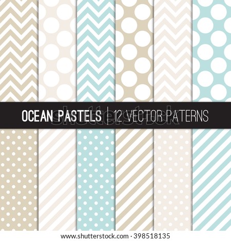 Pastel Aqua Blue, Beige, Tan and White Polka Dots, Chevron and Candy Stripes Patterns. Modern Geometric Backgrounds. Vector EPS File Pattern Swatches made with Global Colors.