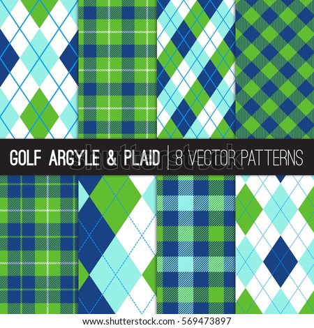 Golf Style Argyle and Tartan Plaid Patterns in Green, Navy, Blue and White. Sports Fashion or Golf Party / Event Design Backgrounds. Vector Pattern Tile Swatches Included.