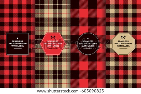 Lumberjack Seamless Patterns with Label Frames.  Red Black Tan Buffalo Check and Tartan Plaid. Trendy Hipster Textures & Badges. Copy Space for Text. Design Templates for Packaging, Covers, Gift Wrap.