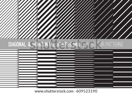 Black and White Diagonal and Horizontal Stripes Vector Patterns. Modern Striped Backgrounds. Set of Pin Stripes and Candy Stripes. Variable Thickness Lines. Pattern Tile Swatches Included. Stockfoto © 