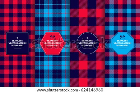 Lumberjack Seamless Patterns with Label Frames. Navy Blue & Red Buffalo Check and Tartan Plaid. Trendy Hipster Textures & Badges. Copy Space for Text. Design Templates for Packaging, Covers, Gift Wrap