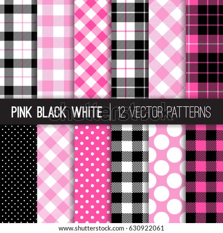 Pink, Black and White Polka Dots, Gingham and Tartan Plaid Vector Patterns. Trendy Hipster Lumberjill Flannel Shirt Checks. Set of Girly Chic Hot Pink Backgrounds. Pattern Tile Swatches Included.