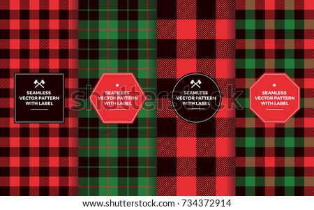 Christmas Lumberjack Seamless Patterns with Labels. Green Red Black Buffalo Check and Tartan Plaid. Trendy Hipster Textures. Copy Space for Text. Design Templates for Packaging, Covers, Gift Wrap.