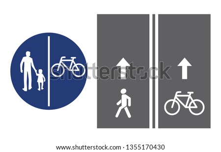 Road sign, pedestrian and bicyclist, vector illustration icon. Circular blue traffic sign. White image on the roadbed. white silhouette of people, man and child, baby girl, boy and bicycle