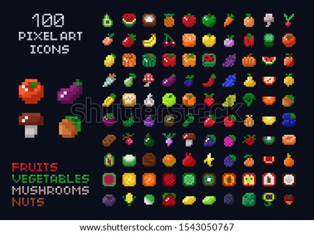 Pixel art vector game design icon video game interface set. Fruits, vegetables, mushrooms, nuts. Isolated retro arcade game design 8x8 items