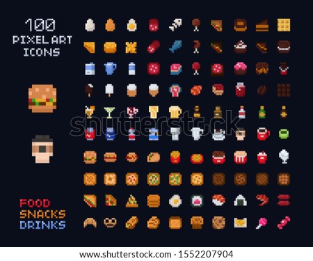 Pixel art vector game design icon video game interface set. Food items - fastfood, drinks, sweets, snacks, alcohol, bakery. Isolated retro arcade game design 8x8 items