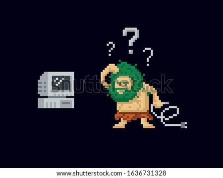 Pixel art primitive ancient cave man confused holding a power cord and looking at old vintage computer. Vector illustration character. Game asset 8-bit sprite