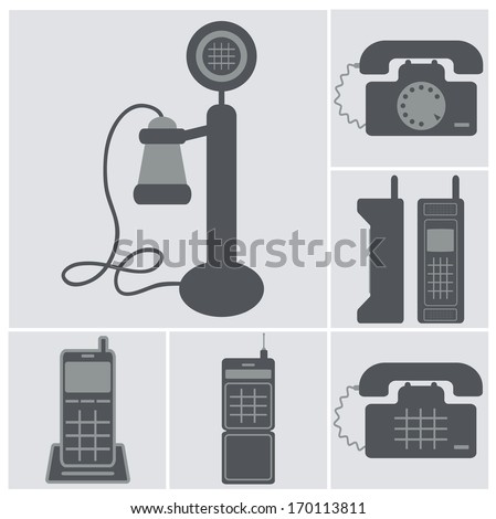 square icon set of black old phones, wired and cell phones isolated vector on light gray background