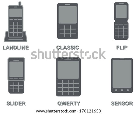 vector collection of mobile phone types: landline, classic cell phone, flip, slider, qwerty, sensor