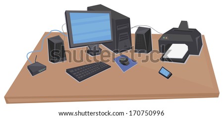 office desk with processing unit, monitor, speakers, keyboard, mouse, router, printer and phone isolated vector on white background