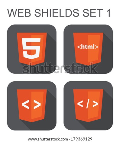 vector collection of html web development shield signs: html5, tag, brackets. isolated icons on white background