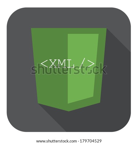vector illustration of green shield with xml programming language markup, isolated web site development icon on white background
