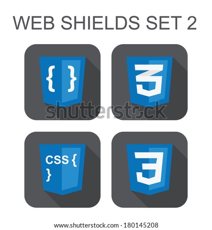 vector collection of css web development shield signs: css3, style code, curves. isolated icons on white background