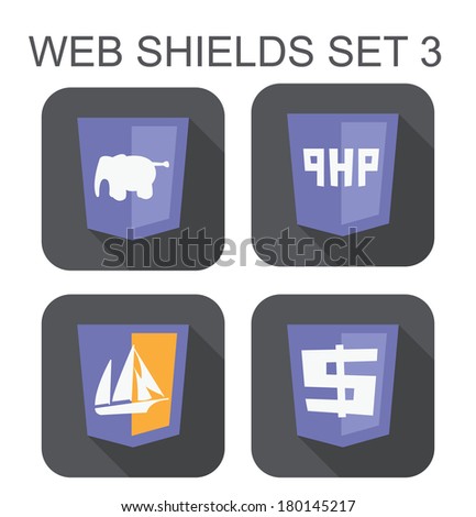 vector collection of php web development shield signs: php elephant, php administrator boat, dollar sign. isolated icons on white background