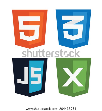 vector illustration of web shields, illustrating html5 icon, css3, javascript and xml technologies, isolated web site development icon set on white background