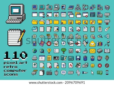 Retro computer interface elements set. Old PC UI icon assets for computer, folder, notepad text document, media laser compact disc, folder, battery, storage, media. 110 isolated items