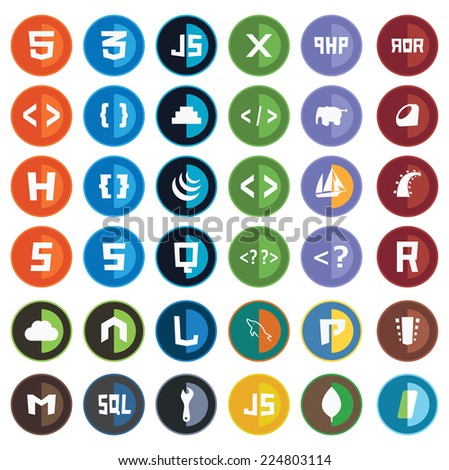 collection of web development shield signs - html5 css3 javascript isolated round icons