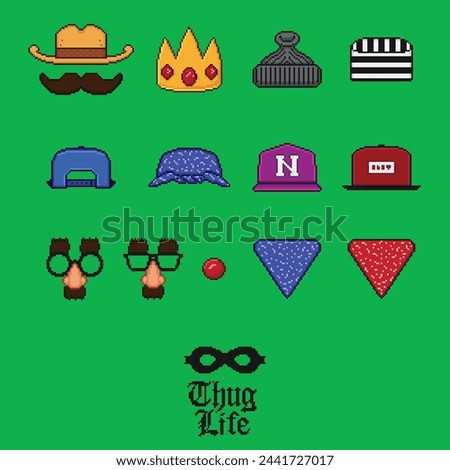 Pixel art vector illustration icon set. Baseball cap, front and back, bandana head accessories, cowboy, face mask, clown nose, prisoner hat, crown. Game assets 8-bit isolated on green chroma key video