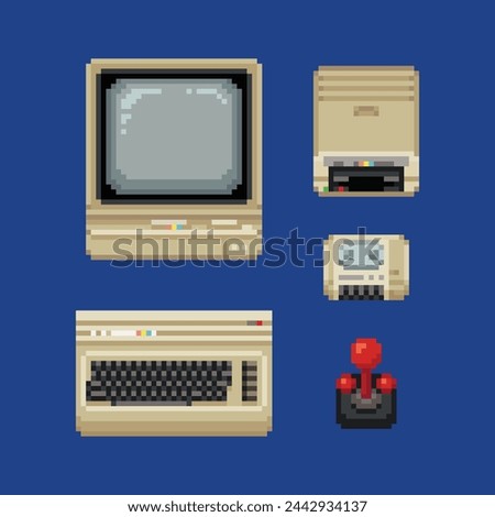 Retro computer pixel art style icons set. Stickers old school design. Video game 64 bit sprite. Retro computer, floppy, disk cassette, joystick isolated abstract vector illustration. Retro 80s game