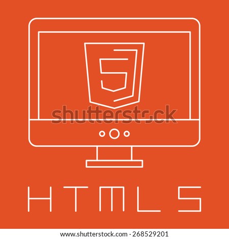 line drawn simple illustration of orange shield with html five sign on the screen, isolated white web site development icon on orange