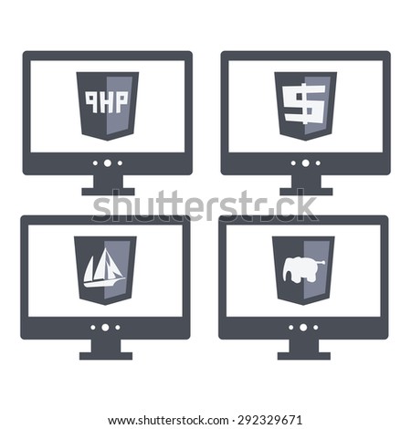 vector collection of web development shield signs php. isolated  grey icons