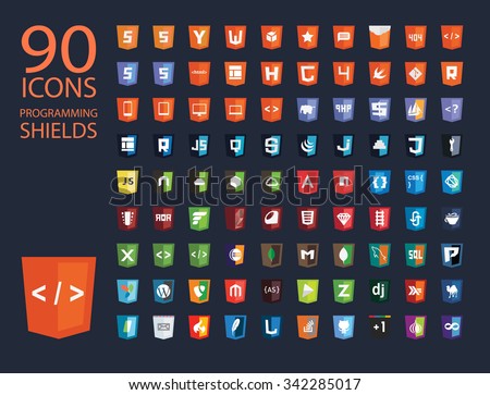Vector illustration of colourful modern web shields, illustrating programming frontend and backend technologies
