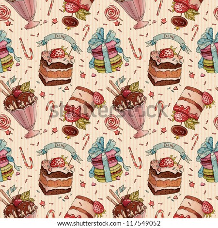 Watercolor Cakes, macaroons and ice cream. Watercolor Bakery pattern