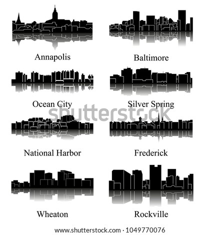 8 city silhouette in Maryland ( Ocean City, Annapolis, National Harbor, Silver Sping, Rockville, Wheaton, Baltimore, Frederick )