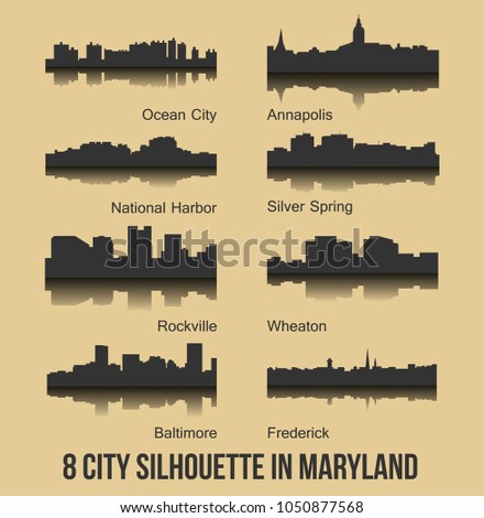 8 city silhouette in Maryland ( Ocean City, Annapolis, National Harbor, Silver Sping, Rockville, Wheaton, Baltimore, Frederick )