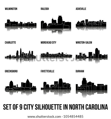 Set of 9 city silhouette in North Carolina ( Morehead City, Charlotte, Asheville, Wilmington, Winston-Salem, Greensboro, Durham, Fayetteville )