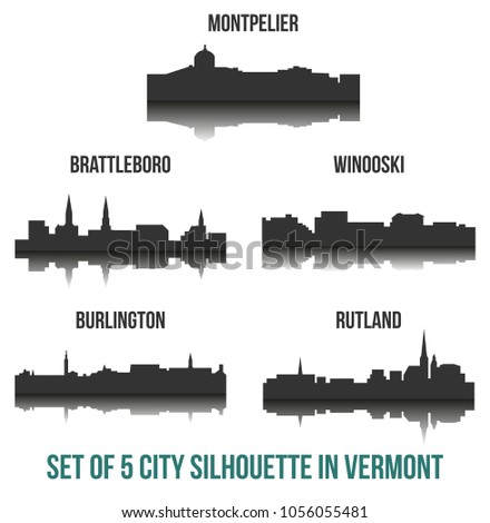 Set of 5 City Silhouette in Vermont ( Montpelier, Burlington, Brattleboro, Winooski, Rutland )