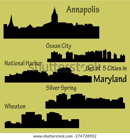 Set of 5 city silhouette in Maryland (Annapolis, Ocean City, National Harbor, Silver Spring, Wheaton)