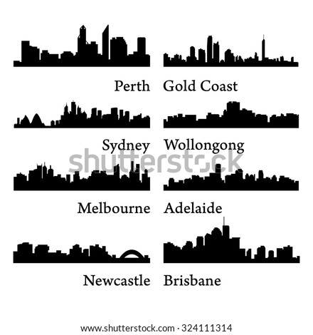 Set of 8 City silhouettes in Australia ( Sydney, Melbourne, Perth, Gold Coast, Wollongong, Brisbane, Newcastle, Adelaide )