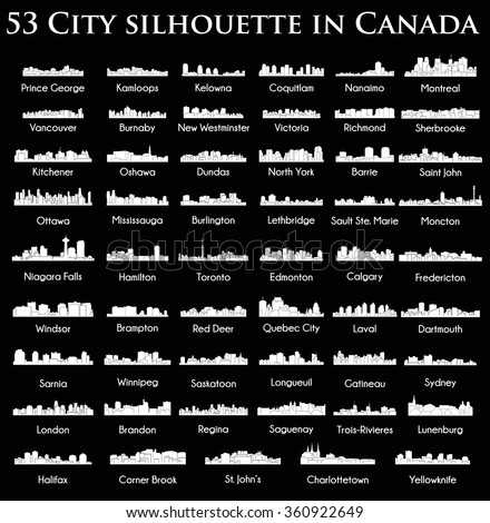 Set of 53 City silhouette in Canada ( Toronto, Calgary, Edmonton, Quebec City, Montreal, Ottawa, Vancouver, Winnipeg, Brandon, Saskatoon, Niagara Falls, Regina, London, Coquitlam,  Mississauga )