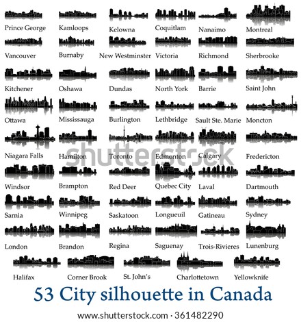 Set of 53 City silhouette in Canada ( Toronto, Calgary, Edmonton, Quebec City, Montreal, Ottawa, Vancouver, Winnipeg, Brandon, Saskatoon, Niagara Falls, Regina, London, Coquitlam,  Mississauga )