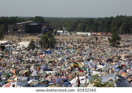 KOSTRZYN, POLAND - AUGUST 02: Tent Camp and stage at Przystanek Woodstock Festival, August 02, 2009. It\'s the biggest music festival in Europe.