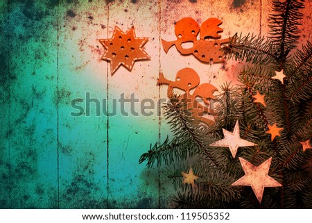 Christmas decorations.Christm as angels with the stars and christmas tree/Vintage christmas card with paper decorations