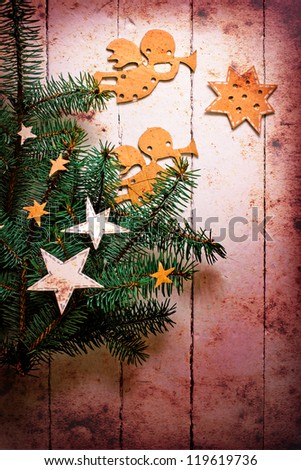 Christmas decorations.Christmas angels with the stars and christmas tree/Vintage christmas card with paper decorations