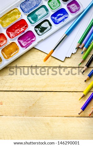 stationery for school/School and office supplies frame, on wooden background, back to school
