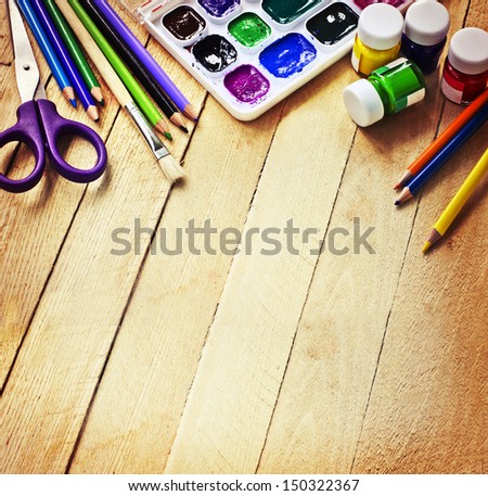 stationery for school/School and office supplies frame, on wooden background/ \