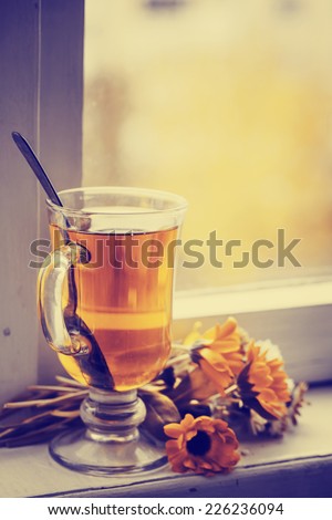 romantic autumn vintage background with books and tea/cup of herbal tea with flowers over window