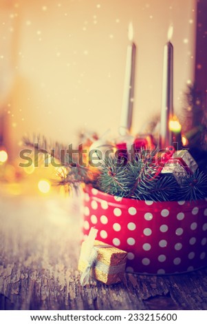 Christmas Card with Fir Tree,Gifts, Candles / Christmas composition with candles with christmas decorations /selective focus